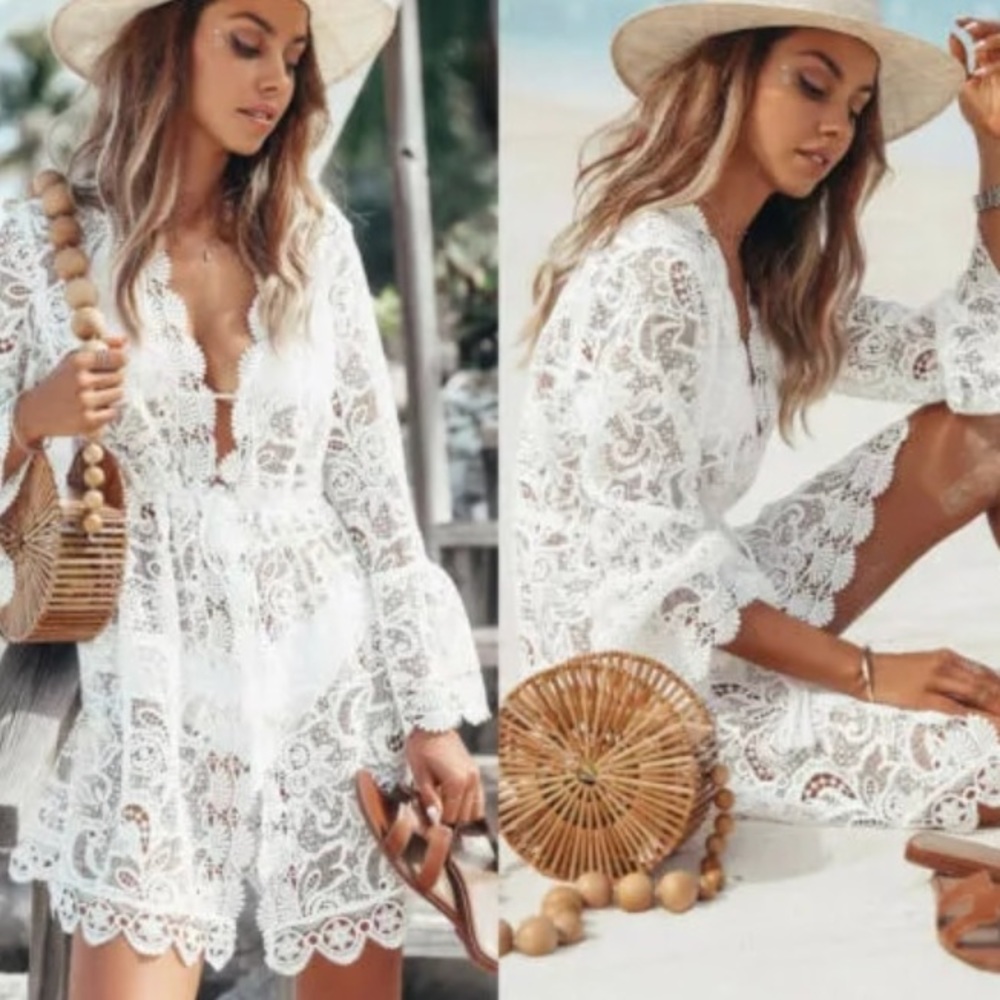 SOLD OUT Scalloped Lace Sheer Long Sleeve Coverup - Picture 3 of 6